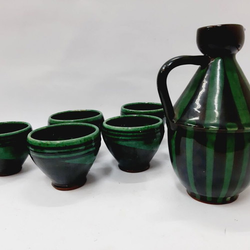 Troyan Ceramic Set like new, jug and 6 cups green and black glaze