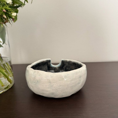 Handmade ceramic noodle bowl in dark blue and cream, new