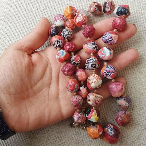 Ethnic red long necklace new handmade paper mache beads