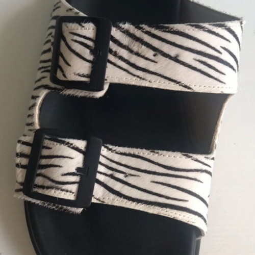 Ateneo Leather Flatform Sandals with Zebra Print, New, Size 38