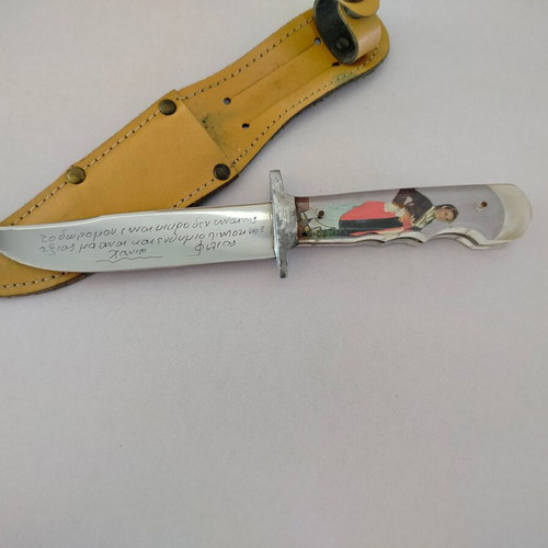 Traditional Cretan decorative souvenir knife with engraved mantinada on blade