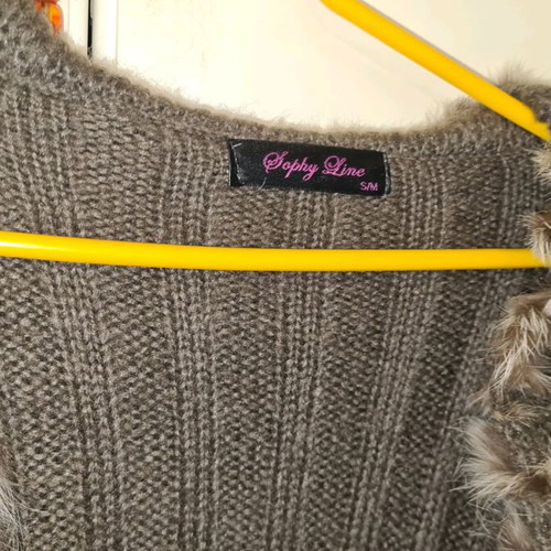 Wool cardigan beige with natural fur trim like new, size S/M