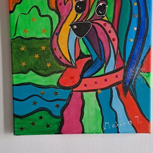 Painted canvas used with dog motif, 40x30 cm