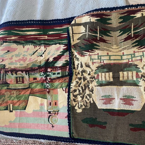 Handmade vintage wall hanging rug with village design like new