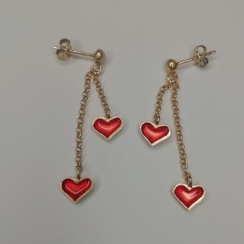 Silver gold-plated earrings with double red enamel hearts new