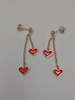 Silver gold-plated earrings with double red enamel hearts new