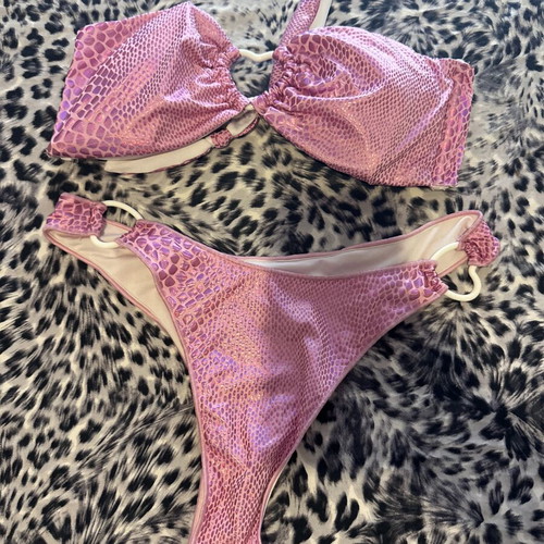 Pink iridescent women's bikini strapless bandeau top and Brasil slip, like new