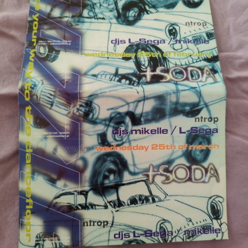 Vintage Flyer Club +SODA 1998 used, DJ Mikele & L-Sega
