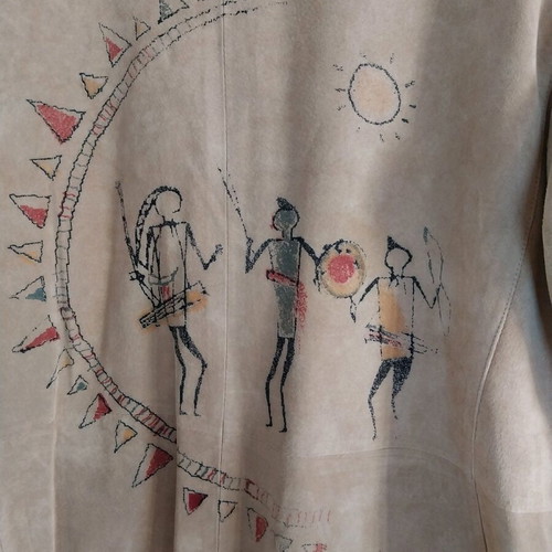 Women's suede leather jacket JAZZ like new with hand-painted African motifs, size XXL