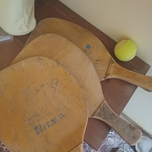 Vintage wooden beach rackets set of 3 with tennis ball, Eagle No 104 & Dolphin