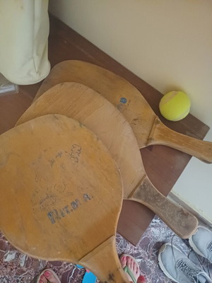 Vintage wooden beach rackets set of 3 with tennis ball, Eagle No 104 & Dolphin