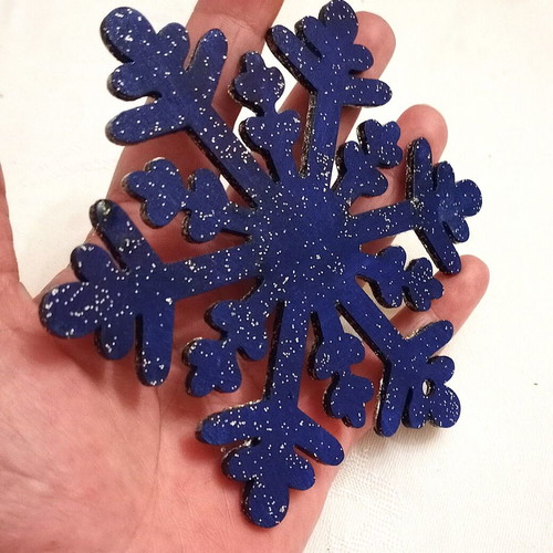 Wooden snowflake elements used, pack of 2, blue with silver glitter