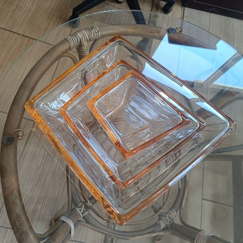 Set of 3 vintage glass decorative bowls with orange rim