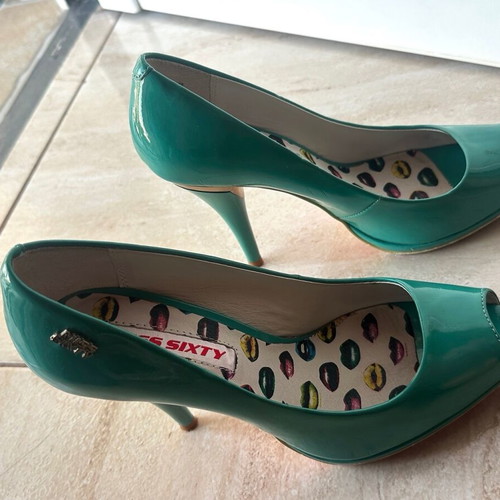 Miss Sixty turquoise patent leather peep-toe heels size 38
