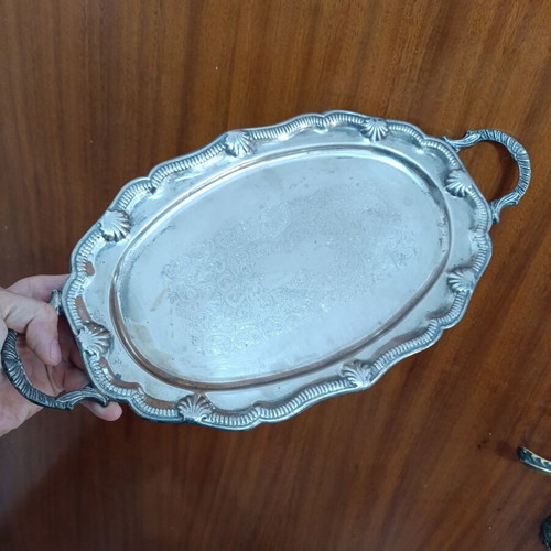 Vintage metal oval serving tray with handles