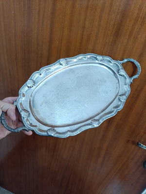 Vintage metal oval serving tray with handles