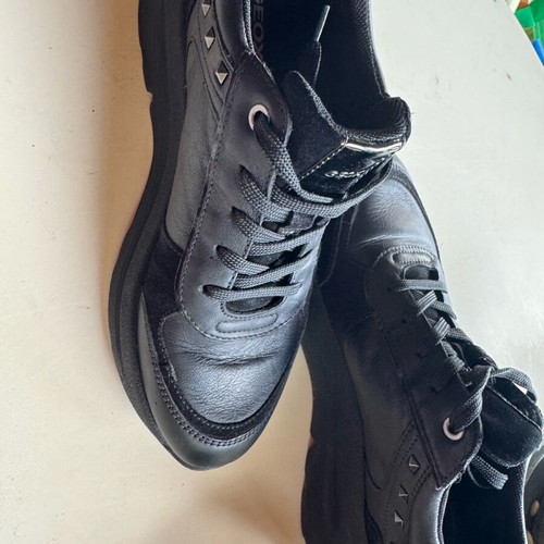 Geox women's sneakers like new, black leather with studs and patent, size 37