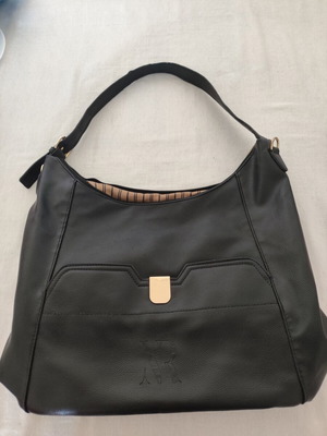 Black Leather Handbag like new with embossed monogram and gold clasp