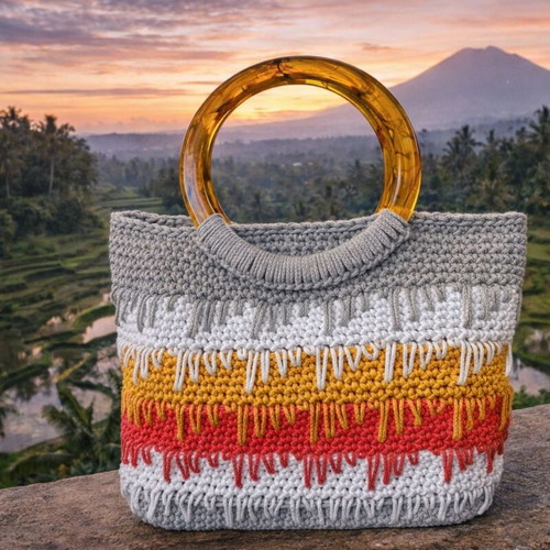 Golden Horizon handmade knitted bag with amber handle new, multicolor