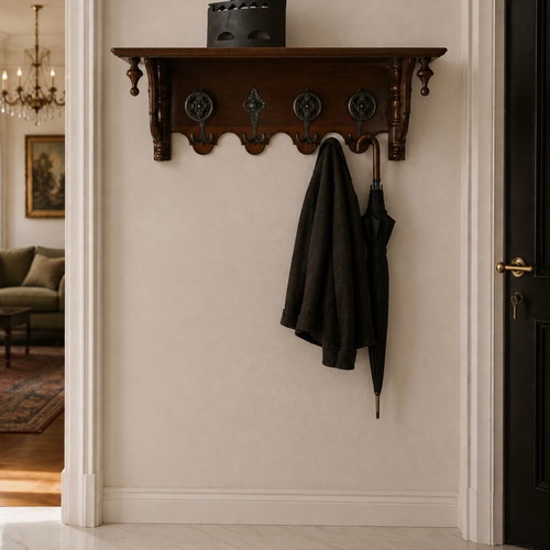 Traditional walnut wood coat rack with 8 brass hooks, like new