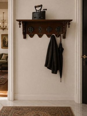 Traditional walnut wood coat rack with 8 brass hooks, like new