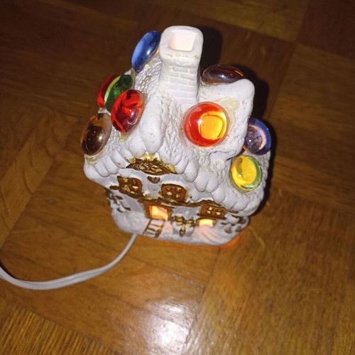 Small white church-shaped lamp with multicolor lights like new