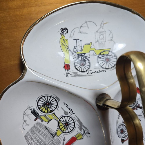 Porcelain Serving Platter with Three Compartments and Central Metal Handle