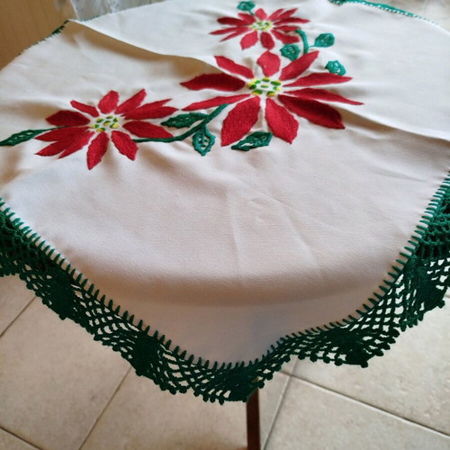 Christmas handmade vintage tablecloth used with embroidery and knitted border