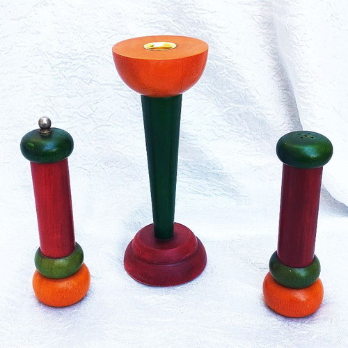 Set of 3 wooden salt shaker, pepper mill and candle holder