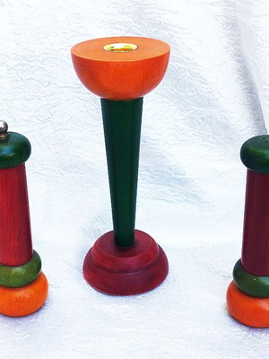 Set of 3 wooden salt shaker, pepper mill and candle holder