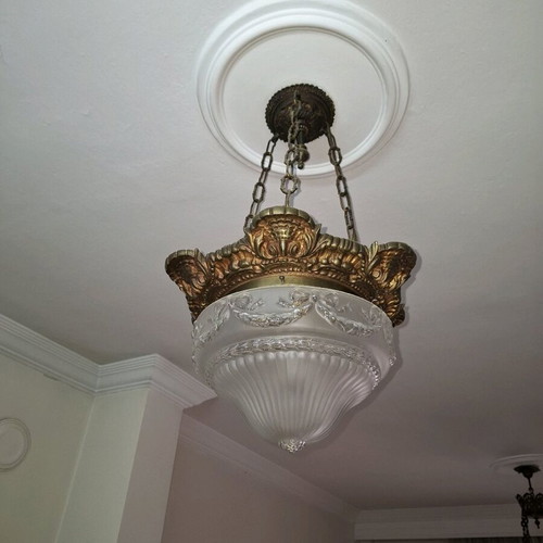 Antique brass ceiling light used with carved glass cover