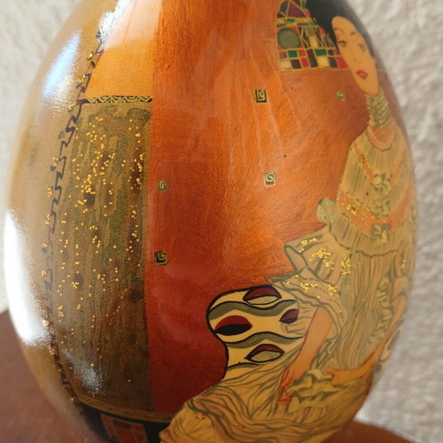 Wooden Egg Hand-Painted with Gustav Klimt Portraits Like New
