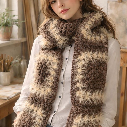 Handmade knitted scarf brown made to order with furry yarn