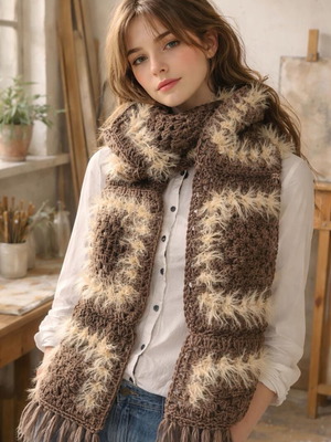 Handmade knitted scarf brown made to order with furry yarn