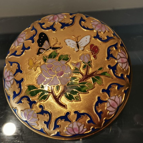 Cloisonne jewelry box used, gold tone with floral motifs and butterflies