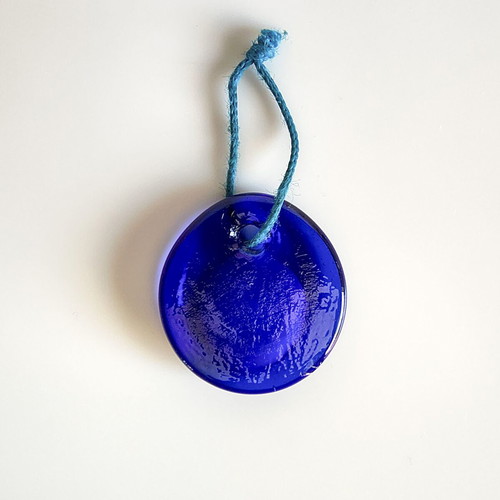 Evil Eye glass pendant 4x4.5 cm, white and blue