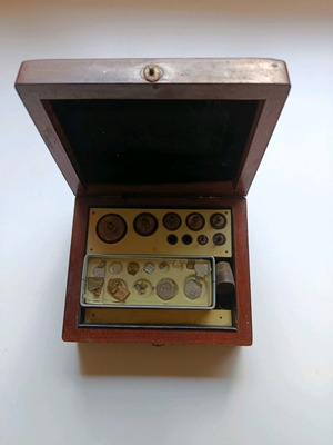 Set of scale weights used with extra box of weights