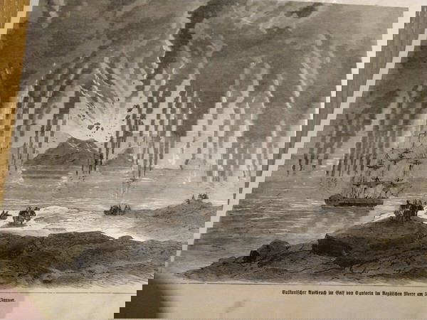 1866 έκρηξη ηφαιστείου στην ΣΑΝΤΟΡΊΝΗ ξυλογραφία 25x19,5cm