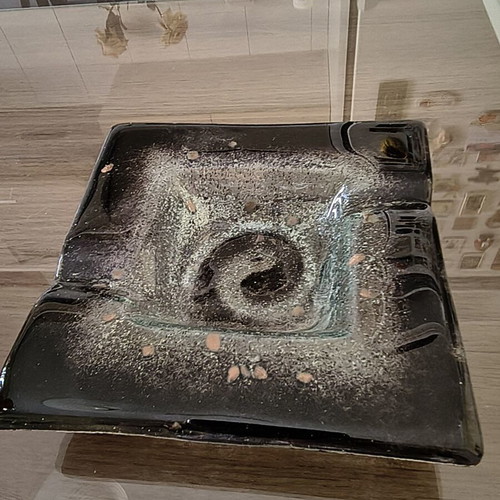 Handmade glass ashtray with black spiral motif