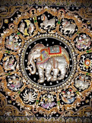 Handmade textile art embroidered with stones, beads and sequins from India
