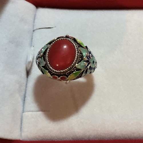 Vintage Tibetan style 925 sterling silver enamel ring with red coral paste cabochon, like new