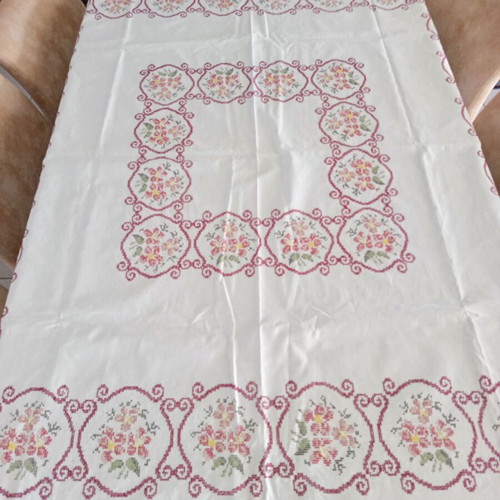 Handmade White Tablecloth 155x166 cm with Cross Stitch and Azur Finish