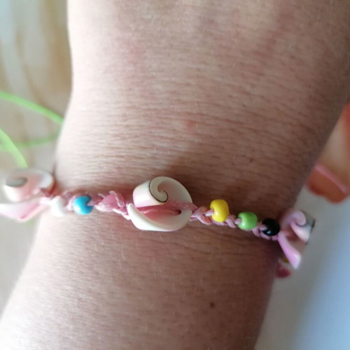 Handmade anklet new with natural shells, pink waxed thread and colorful beads