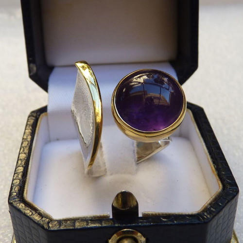 925 Silver Ring with Amethyst, Handmade, 24kt Gold Plated