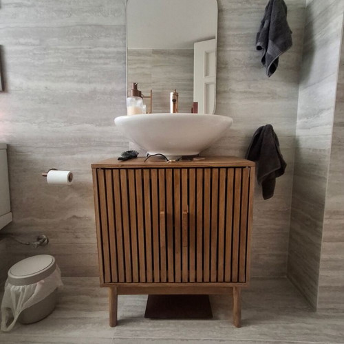 Handmade bathroom vanity cabinet with two doors and shelf