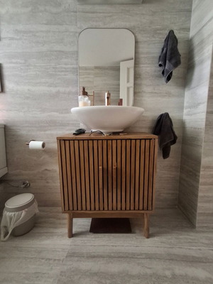 Handmade bathroom vanity cabinet with two doors and shelf