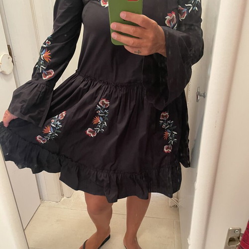 Zara midi cotton dress black with embroidered flowers size M-L