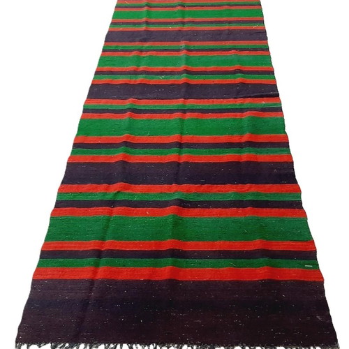 Vintage Bulgarian rug with colorful horizontal stripes and fringes like new