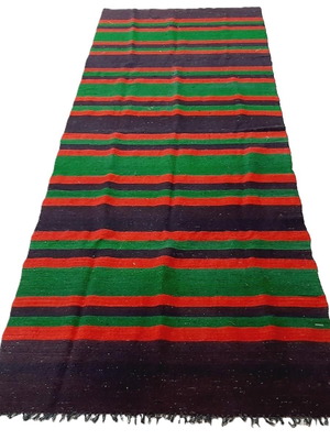 Vintage Bulgarian rug with colorful horizontal stripes and fringes like new