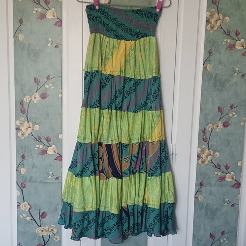 Boho silk skirt with ruffles, like new, multicolor green